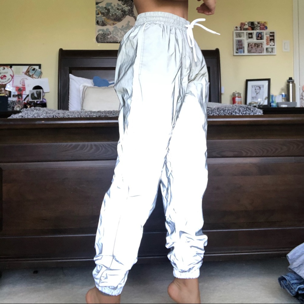 Reflective silver jogger string-tied pants